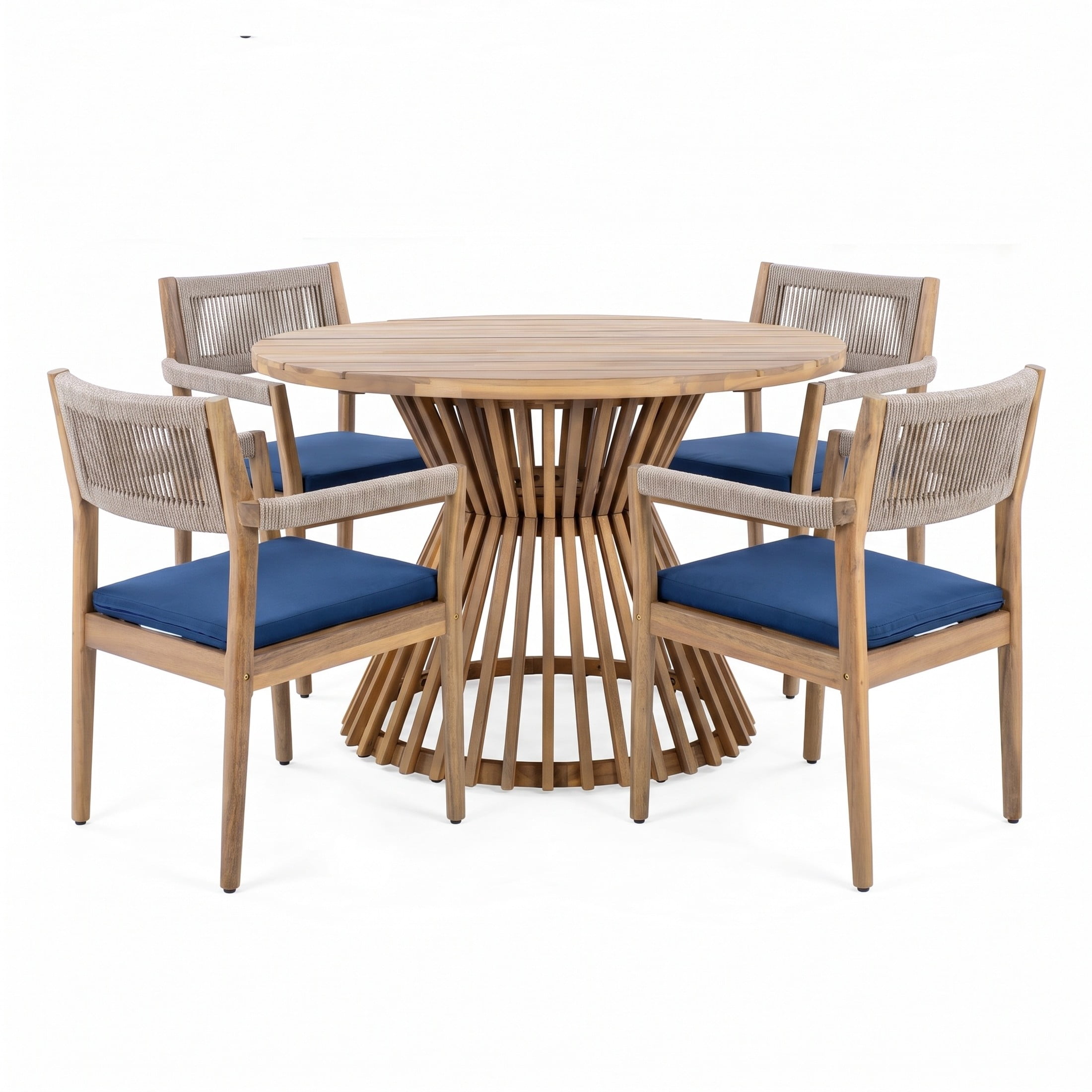 Christopher Knight Home 5-Piece Round Wood Patio Dining Set with Rope Arm Chairs, Light Teak+Navy