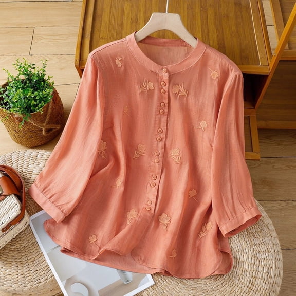 Xdegoge Cotton Linen Shirts for Women Mandarin Collar Button Up 3/4 Sleeve Blouses Embroidered Loose Fit Tops Lightweight Breathable Casual Summer Work Office Textured Shirt