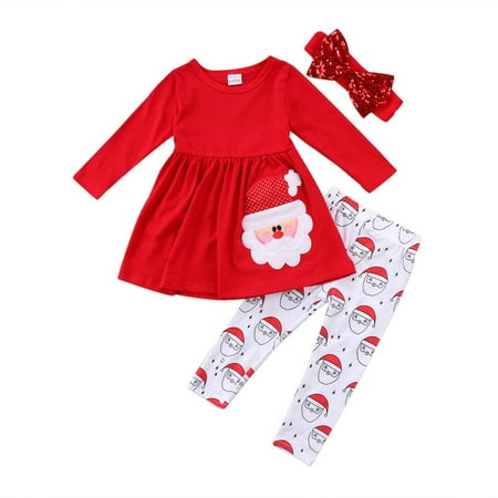 3pcs Baby Girls Christmas Outfits Long Sleeve Dress Top With Santa Claus Pant And Headband 4-5 Year