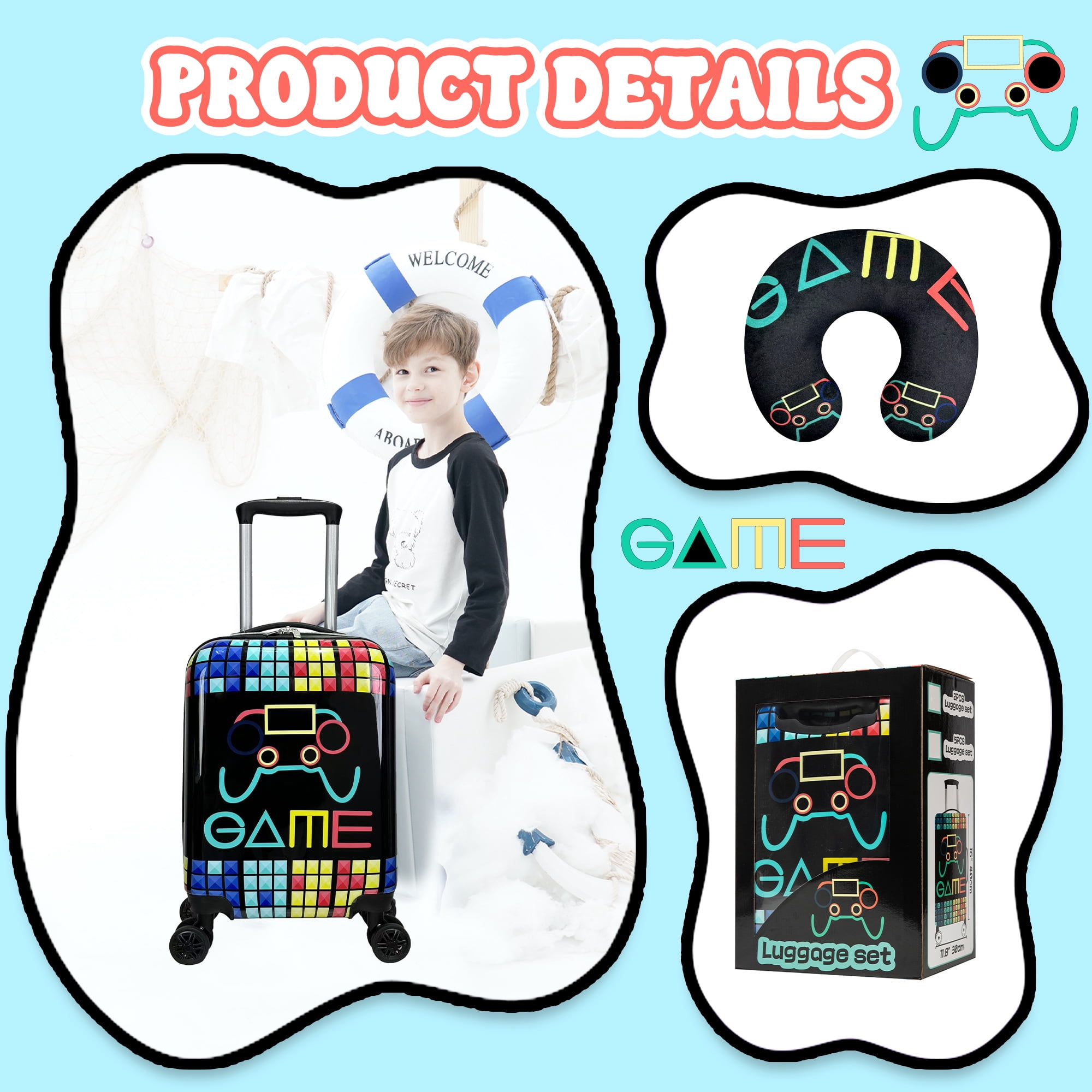 Kids Carry on Luggage Sets with Neck Pillow Airplane Small Hardshell Kids' Suitcases for Boys with Wheels Travel Essentials for Kids 16 Inch Black Suitcase