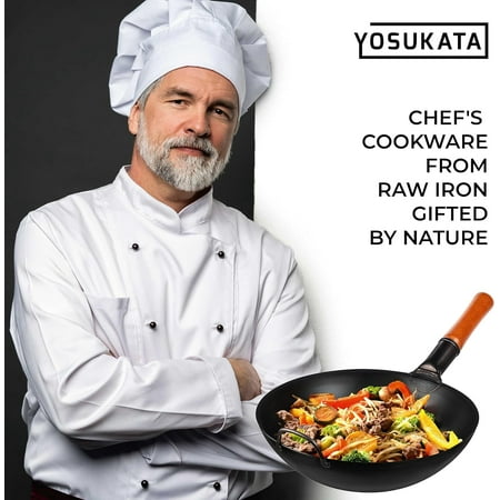 YOSUKATA 13.5 Pre-Seasoned Carbon Steel Wok Pan, Flat Bottom Stir Fry Pan for Gas, Electric, Induction & Open Fire, Traditional Asian Cookware for Kitchen, BBQ & Camping Use