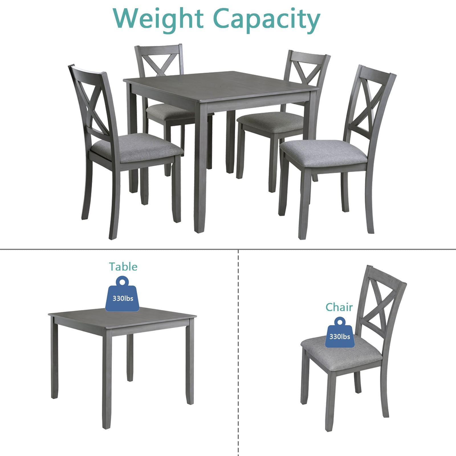 MAYEERTY 5-Piece Wooden Dining Table and Chairs Set for 4, Upholstered Dining Set with Water-Oil Resistant Tabletop for Kitchen Dining Room