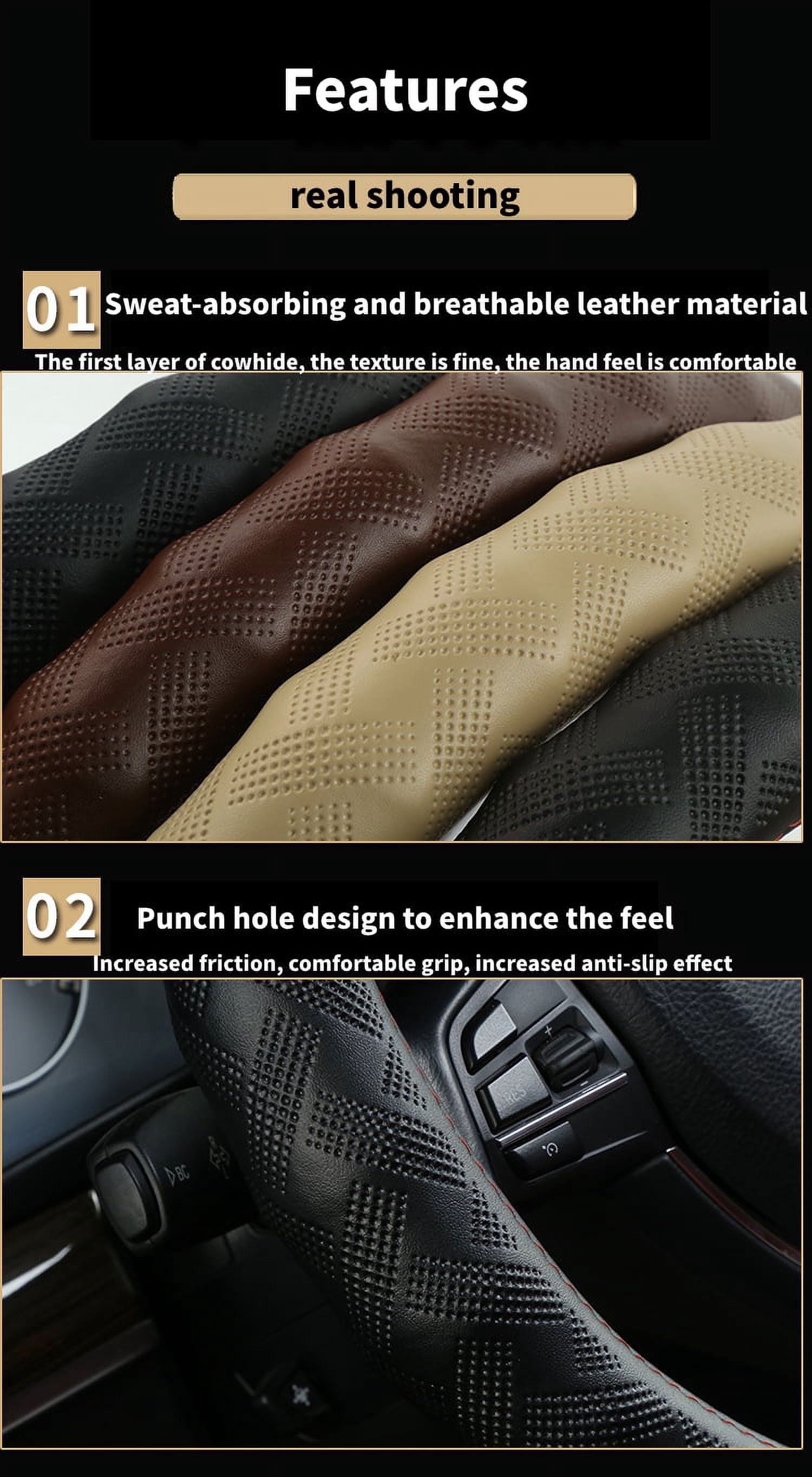 15'' Black Steering Wheel Cover Genuine Leather Non-slip Vehicle Accessories