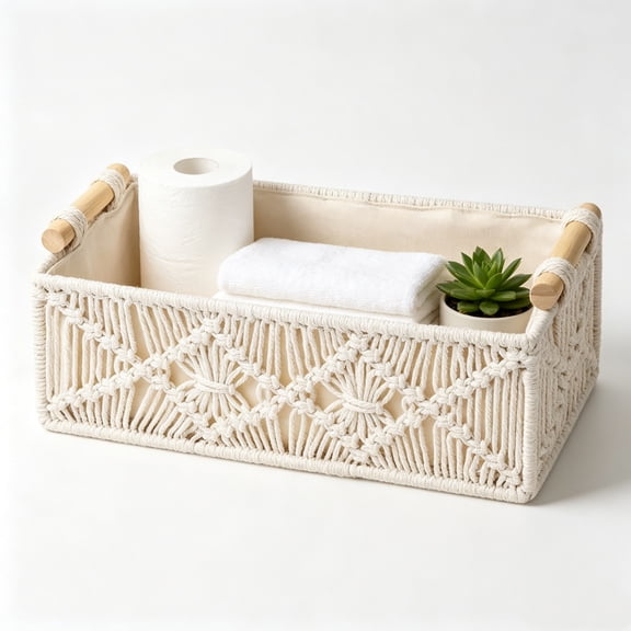 Linnome Storage Basket Macrame Cotton Linen Woven Rectangular Bin With Natural Wood Handles Boho Bathroom Cosmetic Toilet Paper Organizer 11.8x4.7x3.9in