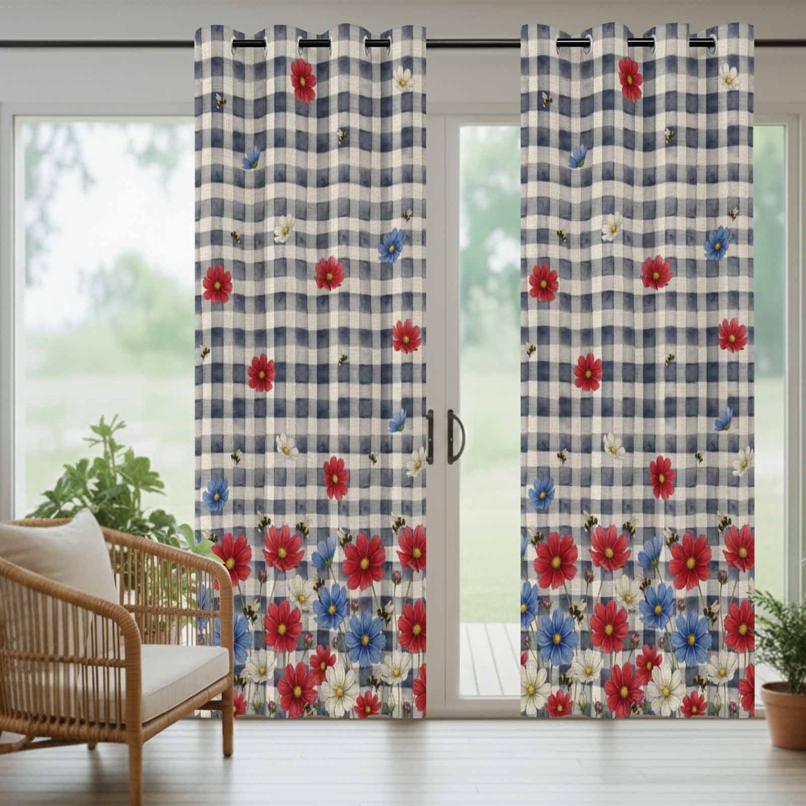 Independence Day Outdoor Curtains for Patio, Watercolor Red Blue White Daisy Farm Bee Black Plaid Sunshade Privacy Drapes Grommet Waterproof Outside Curtains for Porch Balcony 54"x108", 1 Panel