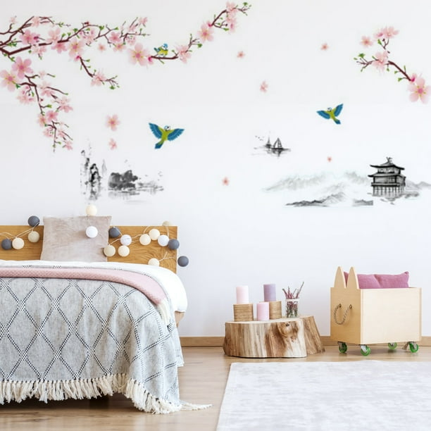 Austok Pink Peach Flower Wall Decals,DIY Removable Florals Plants Wall Art Decor for Kids Girls