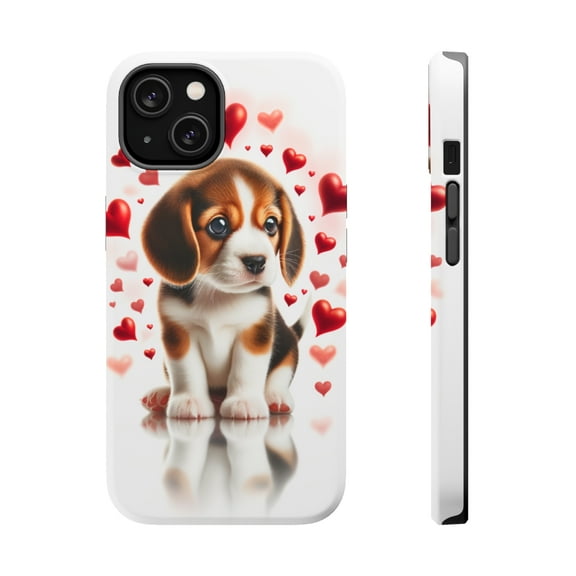 DistinctInk Tough Case for Apple iPhone 14 PLUS (6.7" Screen), Compatible with MagSafe Charging - Valentine's Day Beagle Puppy