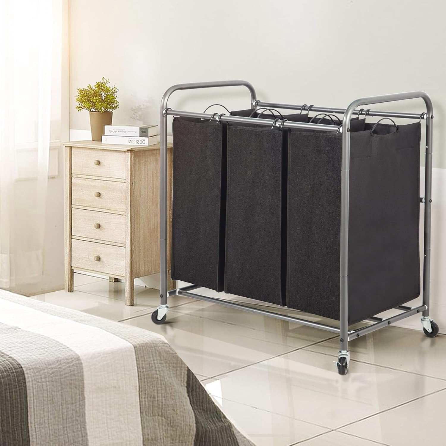 Laundry Sorter 3 Section, 3 Bag Laundry Hamper, Rolling Laundry Cart, Laundry Basket with Heavy Duty Lockable Wheels and Removable Bag for Clothes Storage, Black
