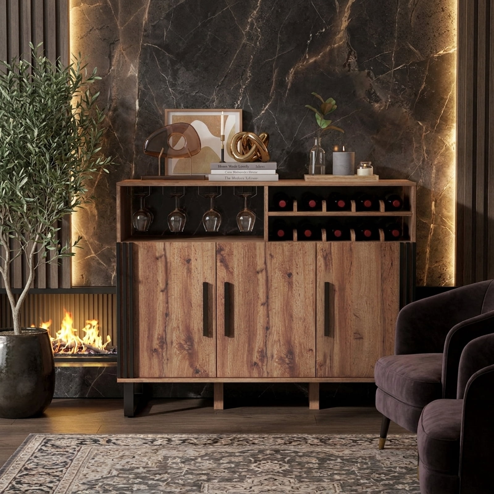 Furnibear 47" Wine Bar Cabinet with Wine Rack and Storage with Adjustable Shelves for Kitchen Pantry - Brown