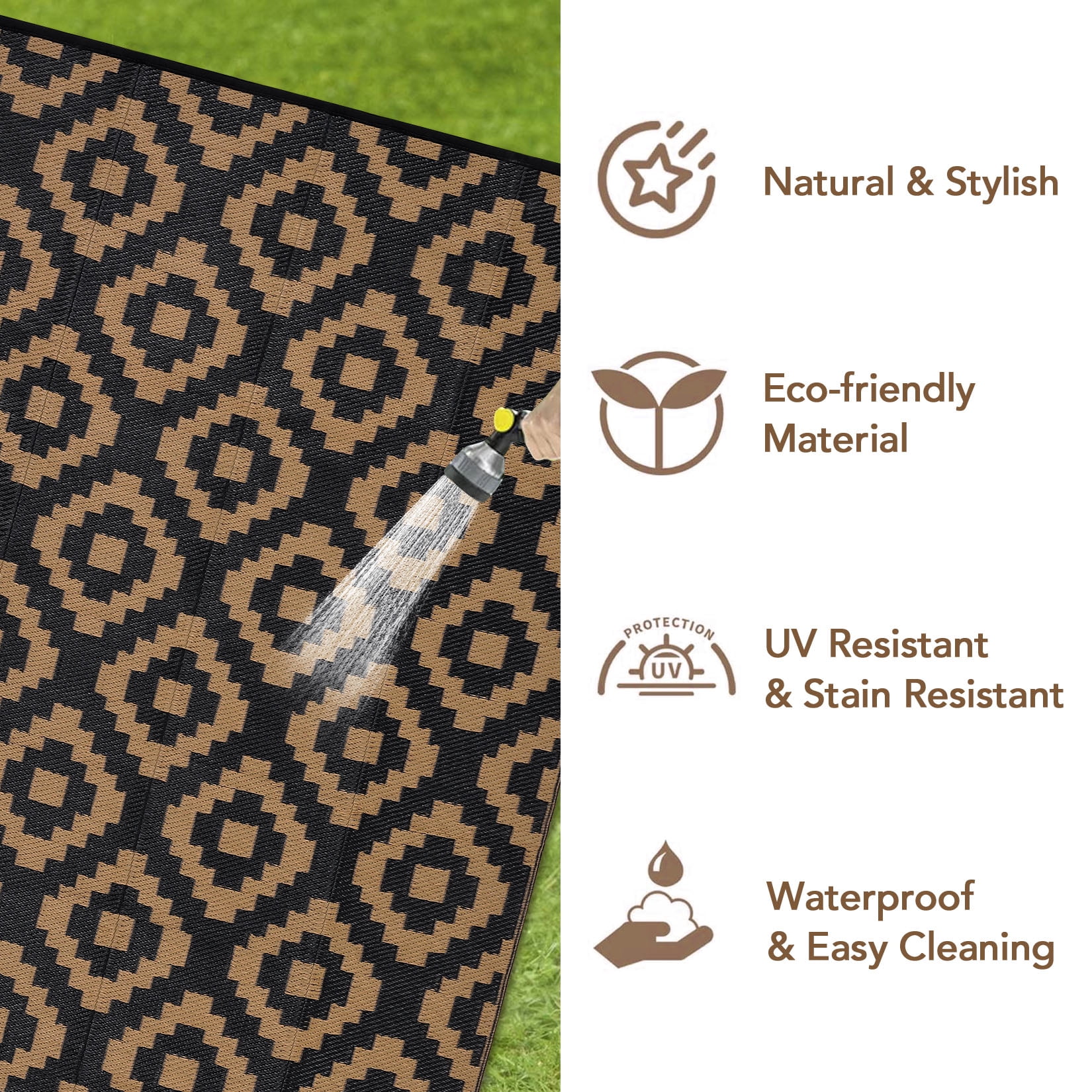 Twister.CK 8x10' Waterproof Outdoor Rug, Reversible Plastic Patio Rugs with Storage Bag, Portable Modern Indoor Outdoor Carpet for Camping, Balcony Deck Backyard, Black & Brown