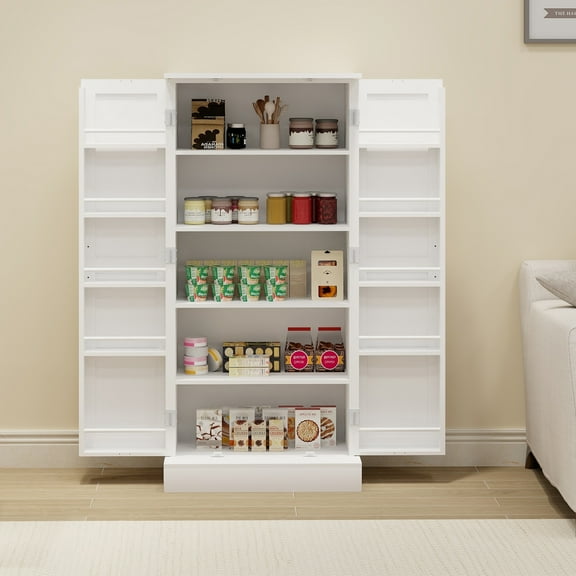 PORKISS Kitchen Pantry Cabinet, Wood LED Pantry Storage with 2 Doors and Adjustable Shelves, Freestanding Buffet Cupboard for Dining Room, Living Room, White