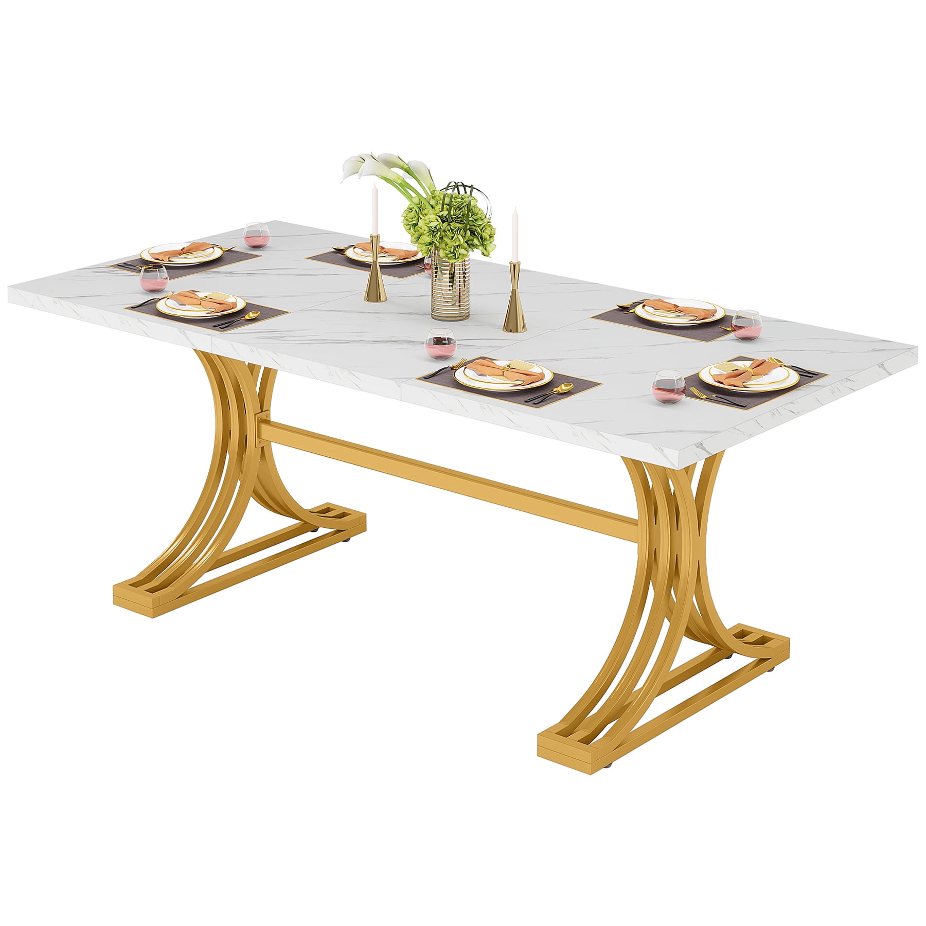 Fnova 63" Modern Dining Table, Rectangular White Faux Marble Top Kitchen Table, Stylish Metal Trestle Legs, Seats 4 to 6 for Dining Room & Kitchen, Living Room