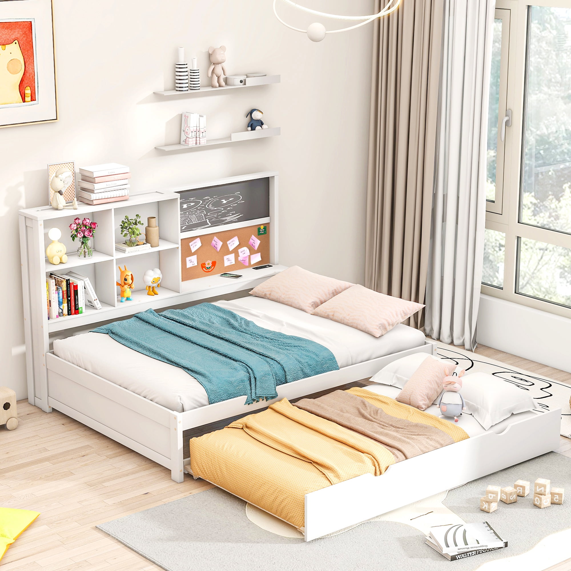 Euroco Full Size Daybed, Captain Bed with Blackboard,Cork Board,USB Charging for Kids Teens Bedroom,White