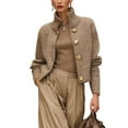 thumbnail image 2 of Female Chunky Knit Cardigan Sweaters Button Down Mock Neck Open Front Jacket Camel Color S, 2 of 8