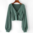 thumbnail image 2 of Crop Tops for Women V Neck Lantern Long Sleeve Knitted Solid Cropped Pullover Sweatshirt Fall Tops, 2 of 2
