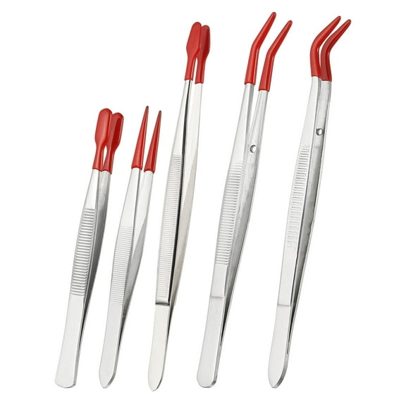 Uxcell Craft Tweezers with Rubber Tips, 5Pcs Coated Tweezers Set Long Stainless Steel Bent Straight Flat Tip Tweezers for Stamp Sticker Crafts Beads Jewelry Tools, Red 4.3" 4.5" 5.9" 6.1"