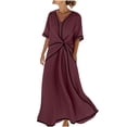 thumbnail image 2 of Gamivast Dresses for Women Linen Short Sleeve V-Neck Twist Front Maxi Dress Loose Fit A-Line Long Dress with Pockets Casual Resort Vacation Beach Dress Wine S, 2 of 6
