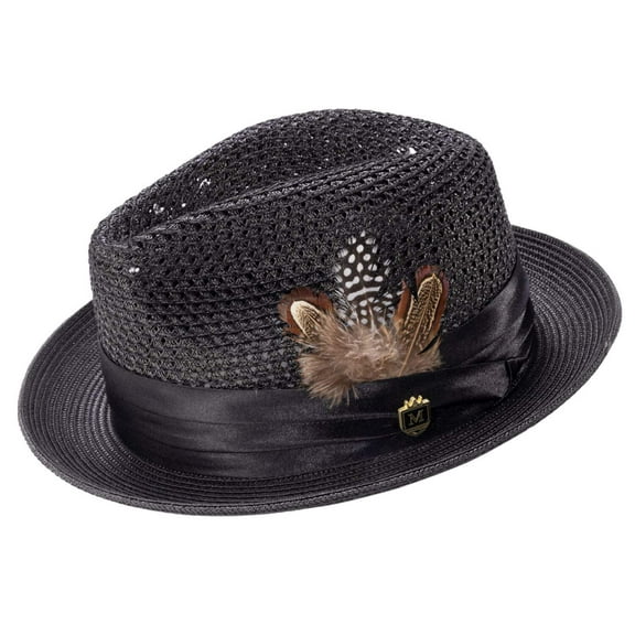 Montique Black Solid Color Pinch Braided Fedora With Matching Satin Ribbon Hat H-34