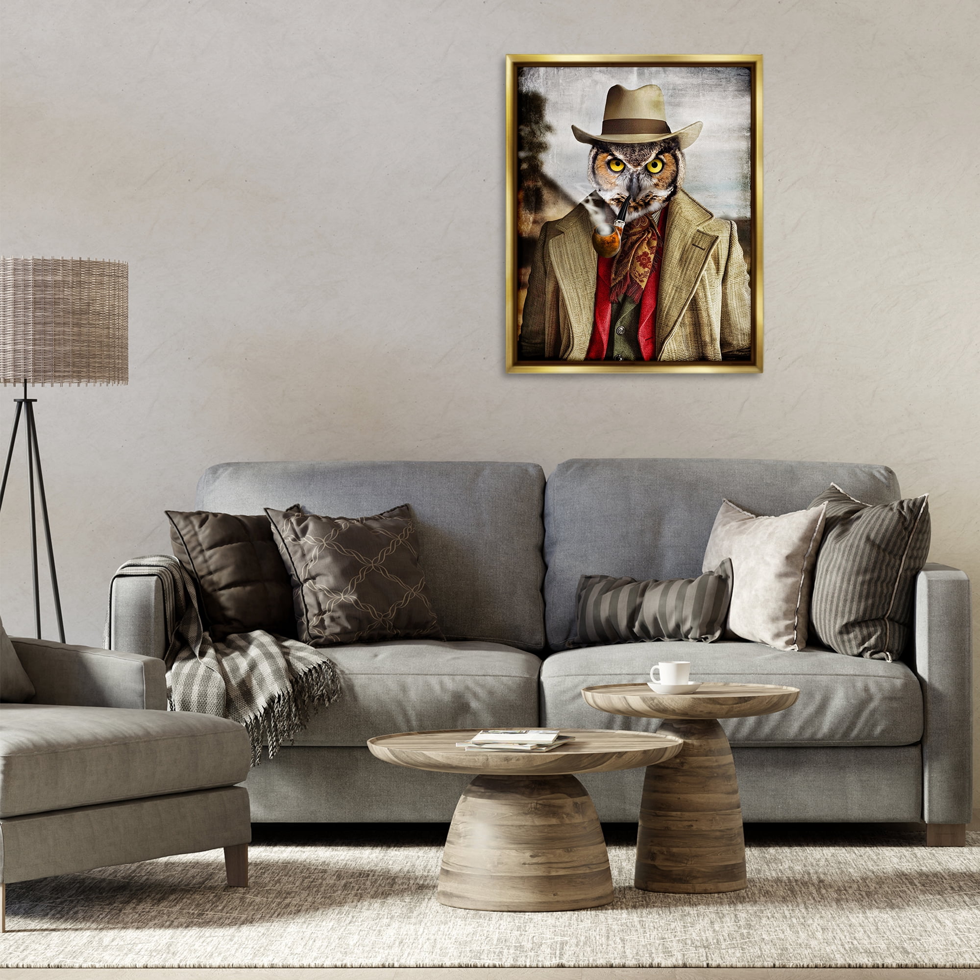 Stupell Industries Owl with Classic Pipe Animals & Insects Painting Gold Floater Framed Canvas Art Print Wall Art, 25 x 31