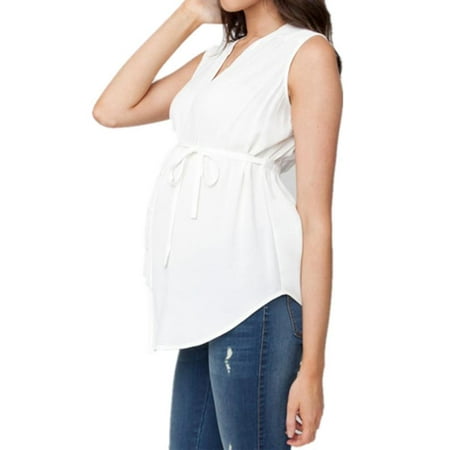 Maternity Shirred V-neck Tops - Maternity Tops Solid Color Sleeveless V-neck Drawstring Loose Breathable