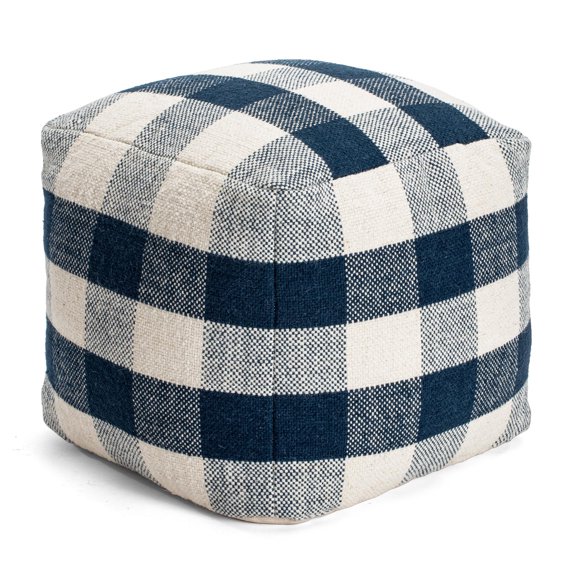Buffalo Plaid 20" Square Pouf Ottoman Midnight Blue and Ivory