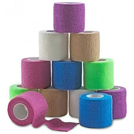 Self Adherent Bandage Rolls - MEDca Self Adherent Cohesive Wrap Bandages 2 Inches X 5 Yards 12 Count with Strong Elastic and Colorful First Aid Tape for Sprain Swelling and Sorenes (Rainbow Color)