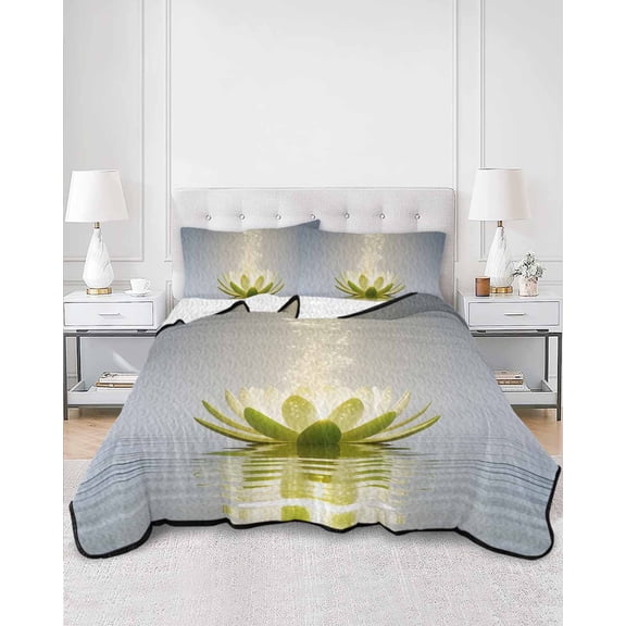 Quilts Queen Size, Zen Meditation Lotus Floral Soft Comforter Bedding Set for Bed, Green Floral Modern Art Lightweight Quilted Bedspread with Pillow Cover(2 Pieces) for All Season, 90x96 Inch