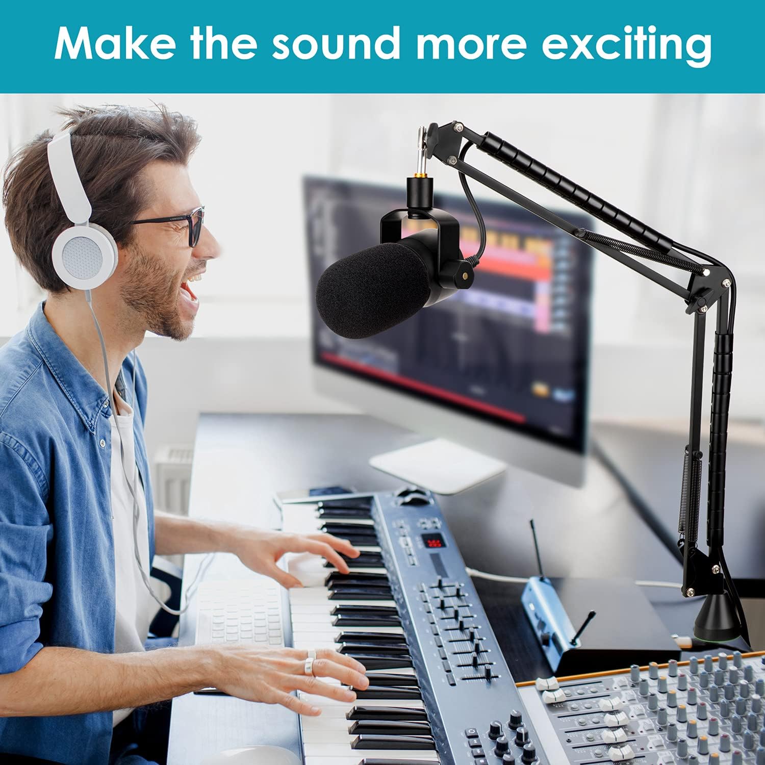 SUNMON Compatible with Rode Podmic Mirophone Stand with Pop Filter - Mic Boom Arm with Foam Windscreen, Computer Gaming Mirophone Arm, Improve Recording Quality