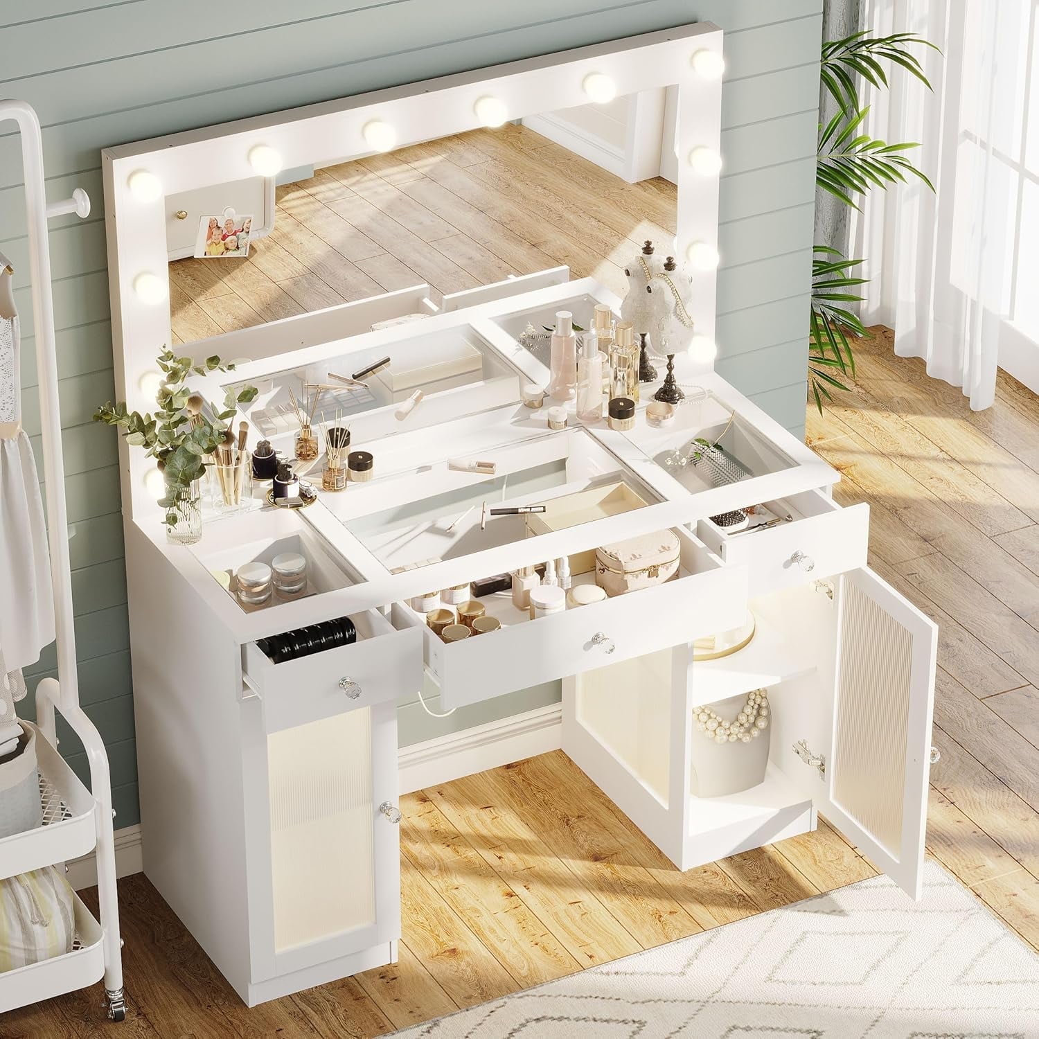 ABOVOBA Makeup Vanity Desk with Large Mirror and Lights,Big Vanity with Power Outlet for Women,White