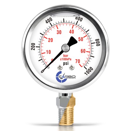 CARBO Instruments 2 1-2" Pressure Gauge, Stainless Steel Case, Chrome Plated Brass Connection, Lqiuid Filled, 0-1000 psi/kPa, Lower Mount 1/4" NPT