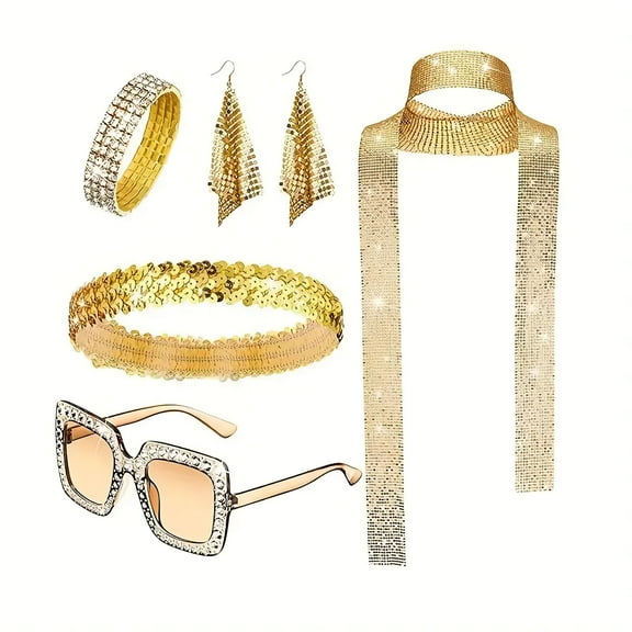 5Pcs 70s Disco Accessories Halloween for Women Costume Jewelry Sequin Scarf Earrings Sunglasses Bracelet Headband