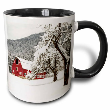 3dRose Fresh snow on red barn near Salmo, British Columbia, Canada., Two Tone Black Mug,