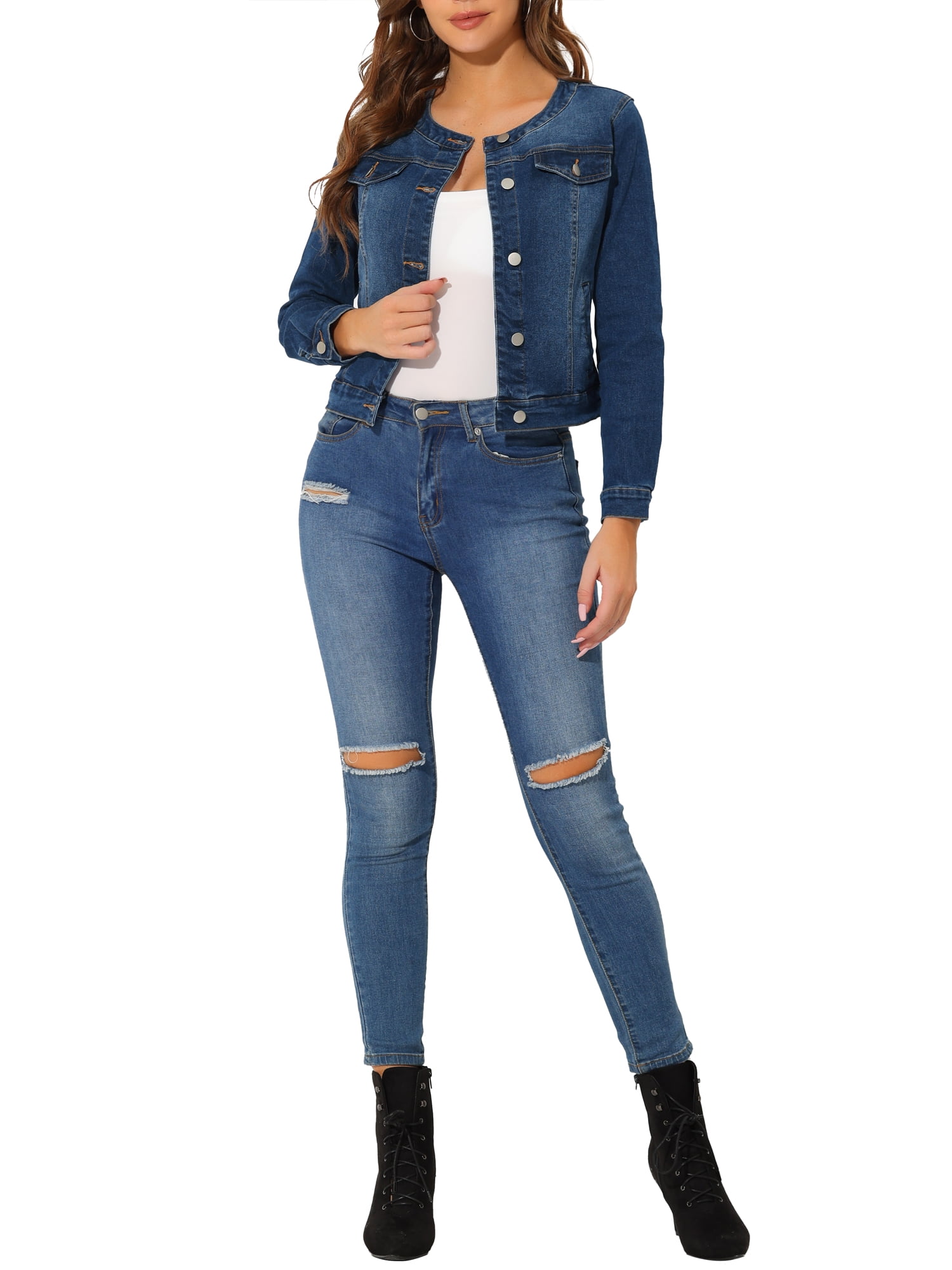 DARING DIVA Women's Button Down Collarless Cropped Denim Jacket S Dark Blue