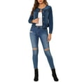 thumbnail image 3 of INSPIRE CHIC Women's Button Down Collarless Long Sleeve Cropped Denim Jacket L Dark Blue, 3 of 8
