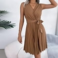 thumbnail image 5 of VSSSJ Women's Cross V Neck Sleeveless Tunic Mini Pleated Dresses Solid Color Belted Slim Elegant A-Line Swing Summer Short Dress Khaki L, 5 of 7