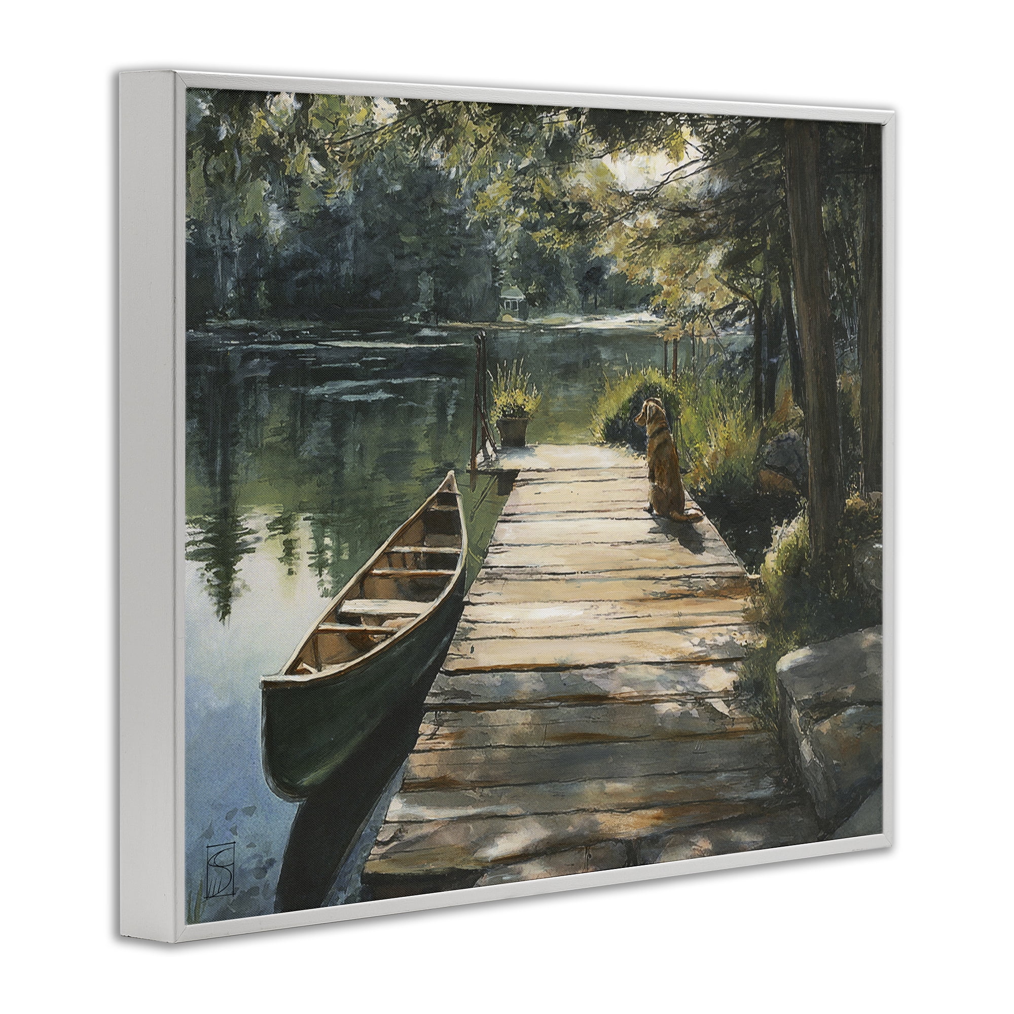 Lake Life Dog on Dock White Framed Giclee Art, design by Sara Culpepper