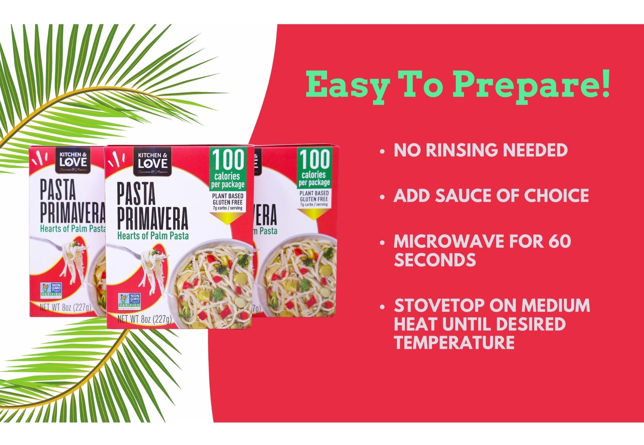(3 pack) Kitchen & Love - Hearts of Palm Pasta Primavera , 8oz Plant Based, Non GMO, Gluten Free Pasta Alternative, Vegan, Easy to Prepare, Quick