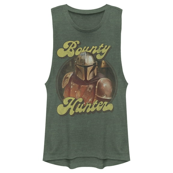 Junior's Star Wars: The Mandalorian Retro Bounty Hunter Festival Muscle Graphic Tee Pine Green Heather Small