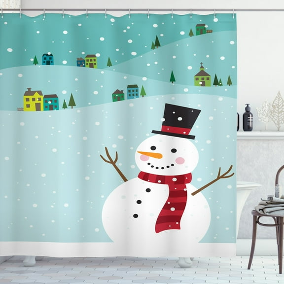 Ambesonne Snowman Shower Curtain, Snowy Winter Houses Trees, 69"Wx70"L, Multicolor