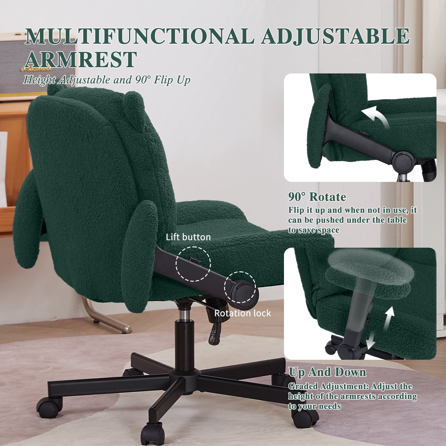 Criss Cross Legged Chair with Wheels and Flip-up Arms, Ergonomic Wide Seat Computer Desk Chair, Comfortable Home Office Computer Chair 300lbs