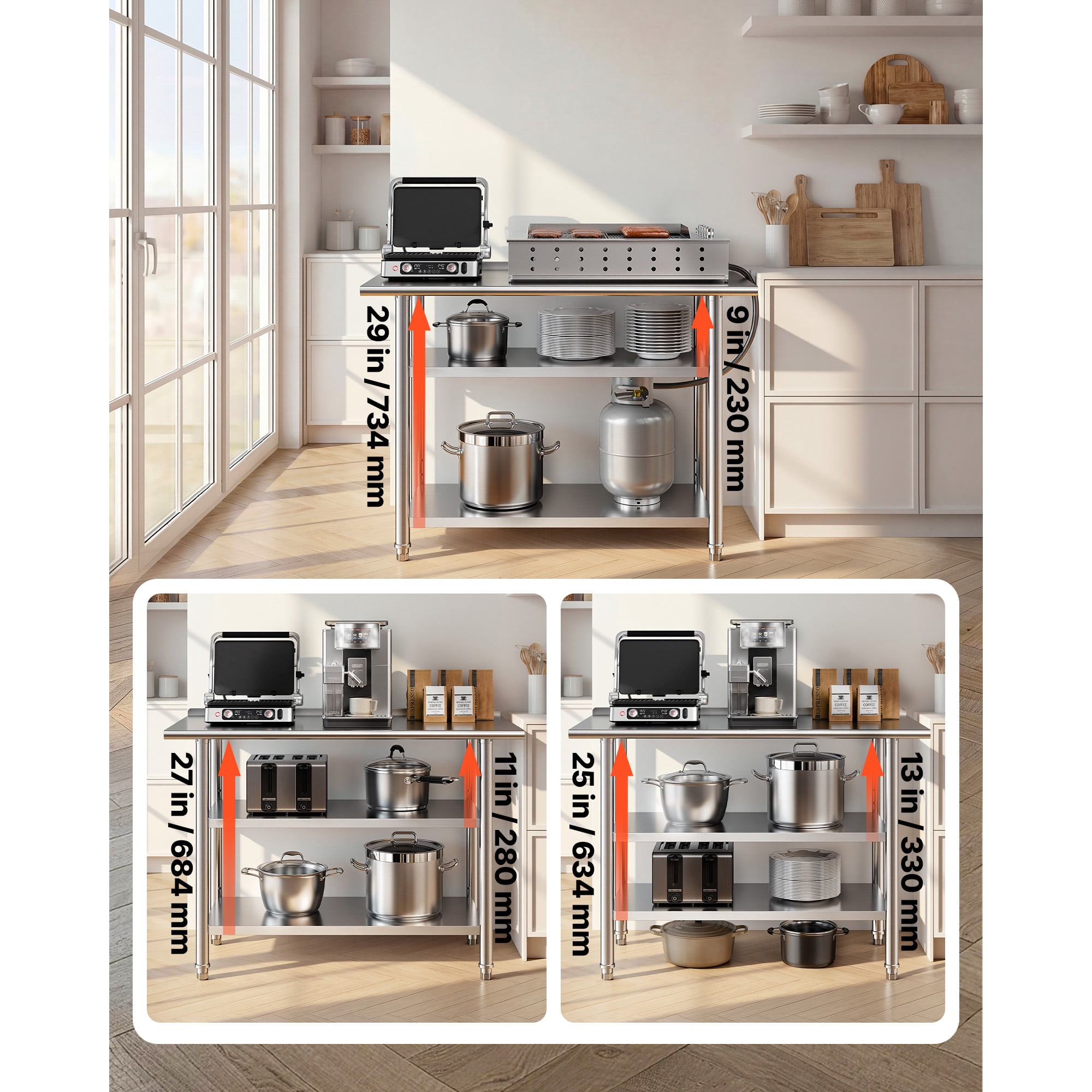 KFFKFF Stainless Steel Work Table, 24x48 Inch Food Prep Station with Dual Shelves and Backsplash, Durable Metal Utility Table for Commercial Kitchens, Home, Hotels, Garages, and Outdoor Use
