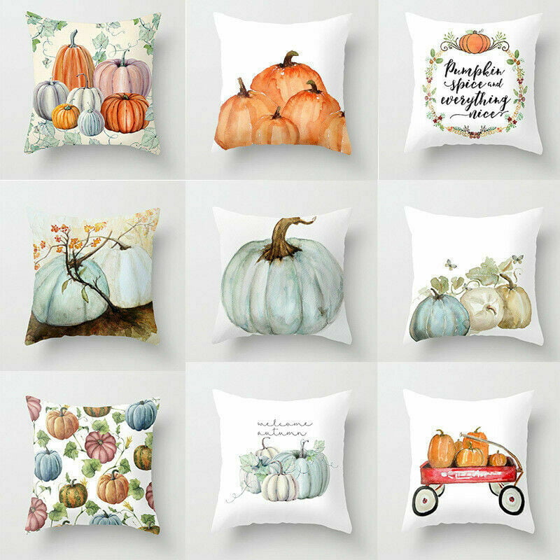 17x17" Orange Pumpkin Plaid Pillow Case Linen Sofa Waist Throw Cushion Cover 