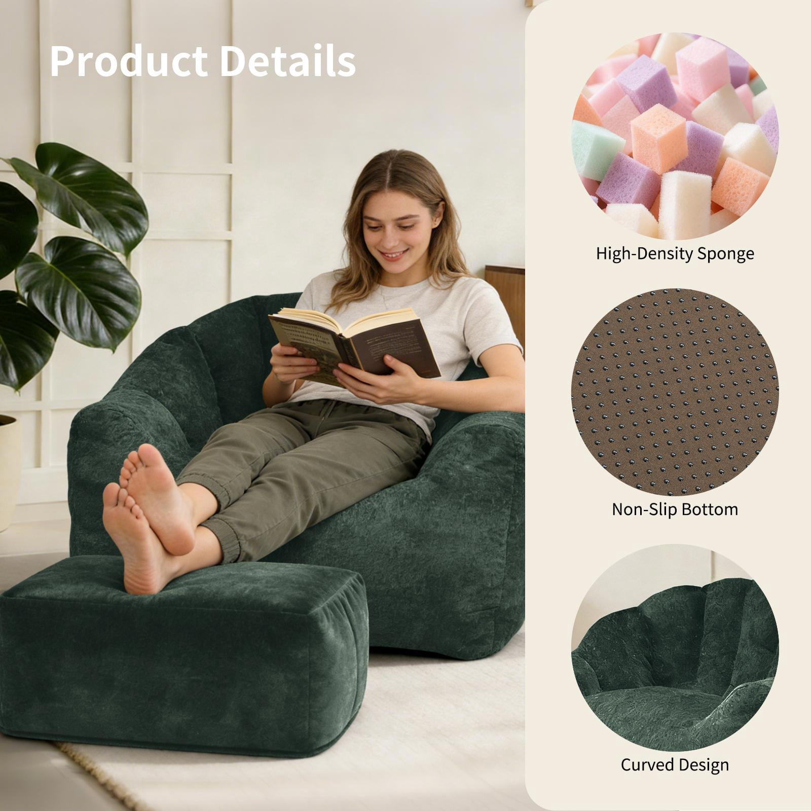 Hommoo Bean bag chair, armrest bean bag sofa chair filled with high-density foam, comfortable lazy sofa chair, adult bean bag chair for Home, Green