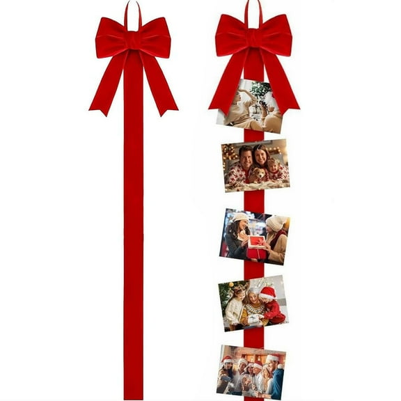 Christmas Card Holder Verdsylv Red Velvet Bow Christmas Card Holder, Wall Hanging Picture Photo Display for Xmas Home, Door and Window Decor, Photo Display Hanger, A