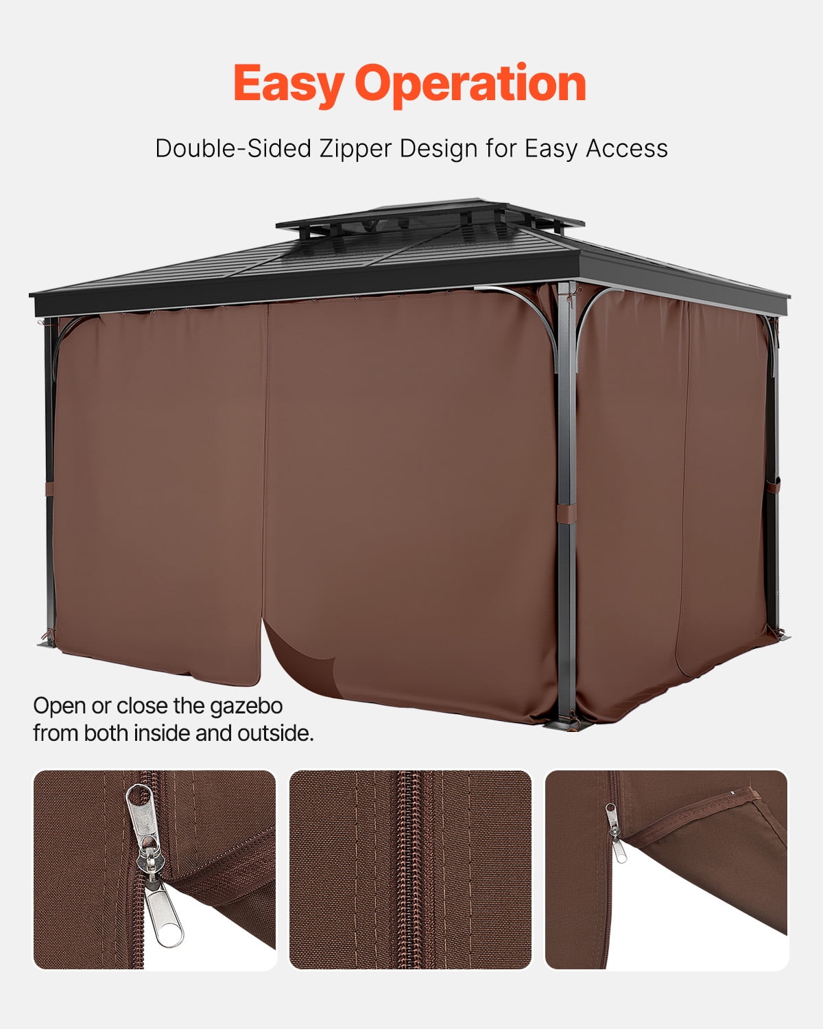 VEVOR Gazebo Curtains Outdoor, Fit Most 10' x 10' x 6.9' Gazebos, 4-Panel Sidewall Gazebo Privacy Curtains with Zippers, Outdoor Curtain Replacement for Patio Canopy, Only Curtain, Coffee