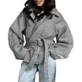 thumbnail image 2 of Female Wool Blend Pea Coat Lapel Double Breasted Winter Loose Short Button Belt Outerwear Jacket Light Gray XL, 2 of 6