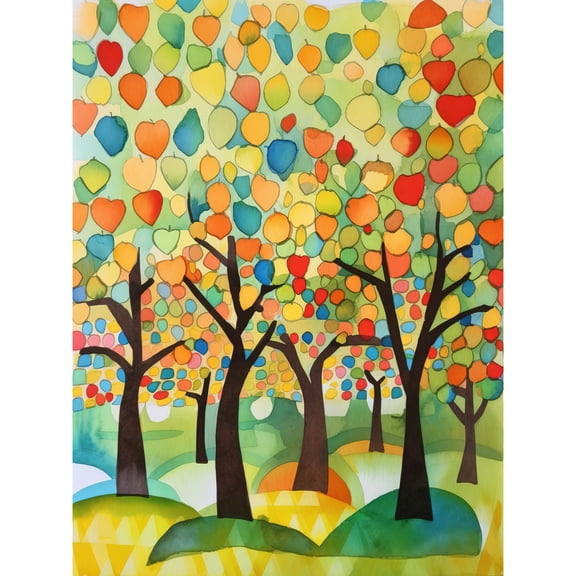 Apple Tree Orchard Abstract Folk Art Landscape Watercolour Painting Unframed Wall Art Print Poster Home Decor Premium