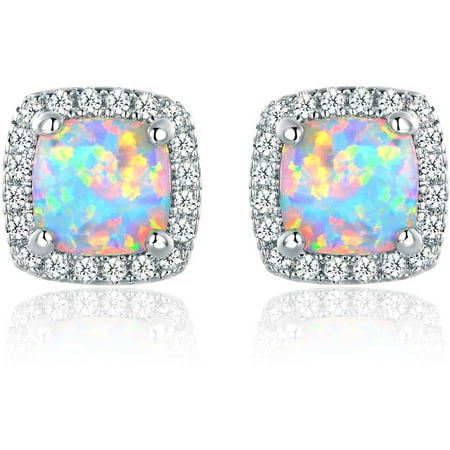 Lab Created Fire Opal 18kt White Gold-Plated Stud Earrings