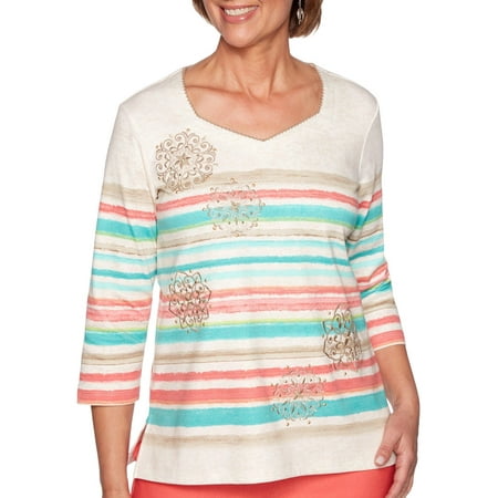 Alfred Dunner Petite Coastal Drive Striped Medallion Top