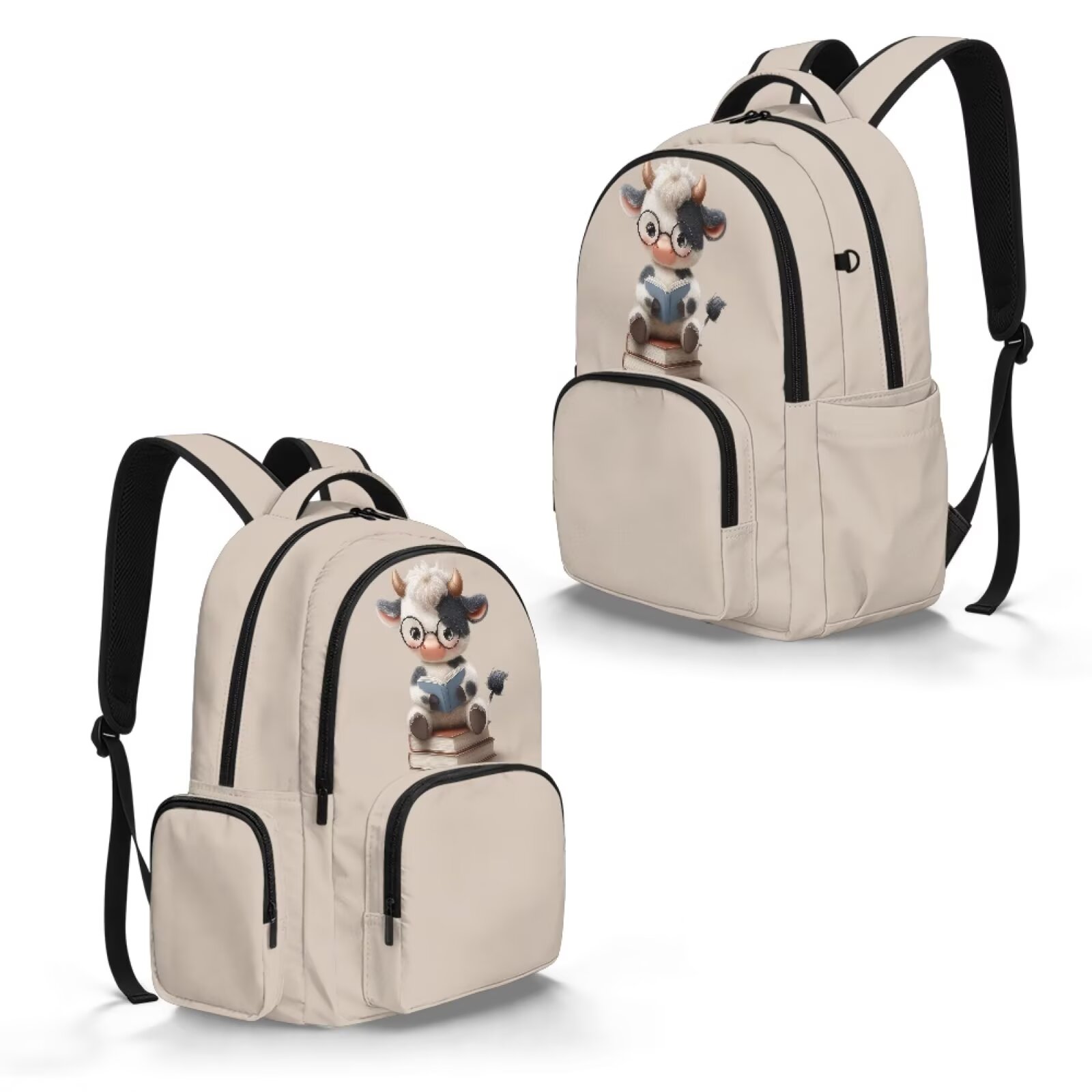 Mochila con estampado de vaca para niñas, linda, de 17 pulgadas, con bolsillos frontales, gran capacidad, para primaria y secundaria 2
